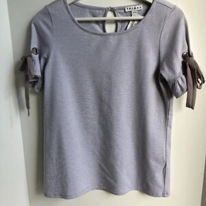 Tribal Casual Sht Slv Scoop Neck Stripe Top w Ruffle Detail Tan White Sz XS NWT